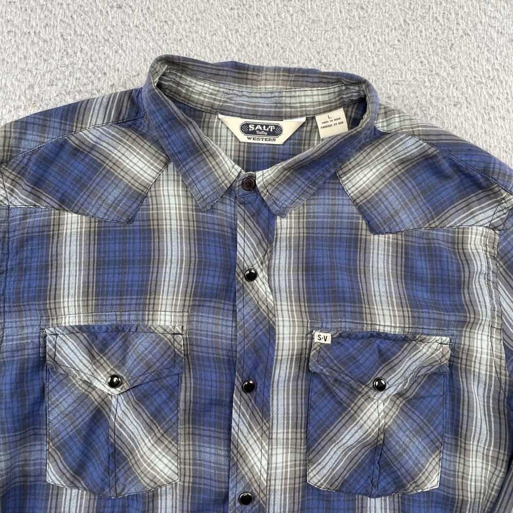 Salt Valley Western Shirt Mens L Blue Plaid Pearl Snap Long Sleeve Western Yoke